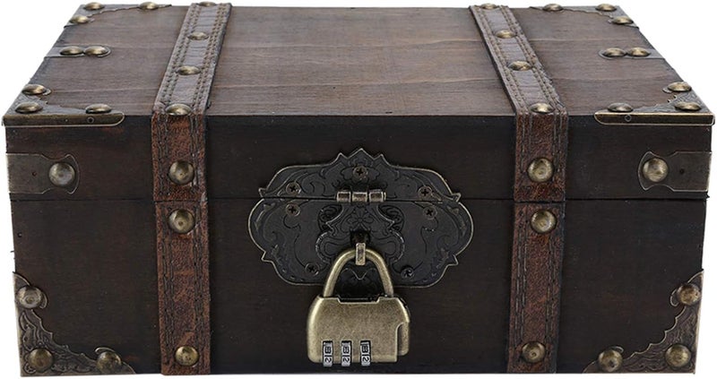 woobles Vintage Wooden Storage Box, Desktop Storage Boxes Decorative Treasure Box Jewelry Chest Metal Lock Wood Storage Decorative Keepsake Chests Box - 9.25x6.30x3.74inch(Gray + Lock) - Image 1